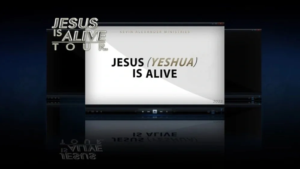A television screen with the words jesus is alive on it.