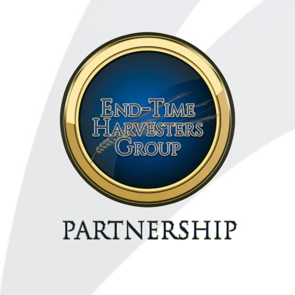 A blue and gold logo for the end-time harvesters group.